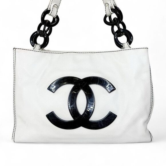 Rare Vintage CHANEL Black and White CC Logo Chain Dual Top Handle Tote - Picture 1 of 16